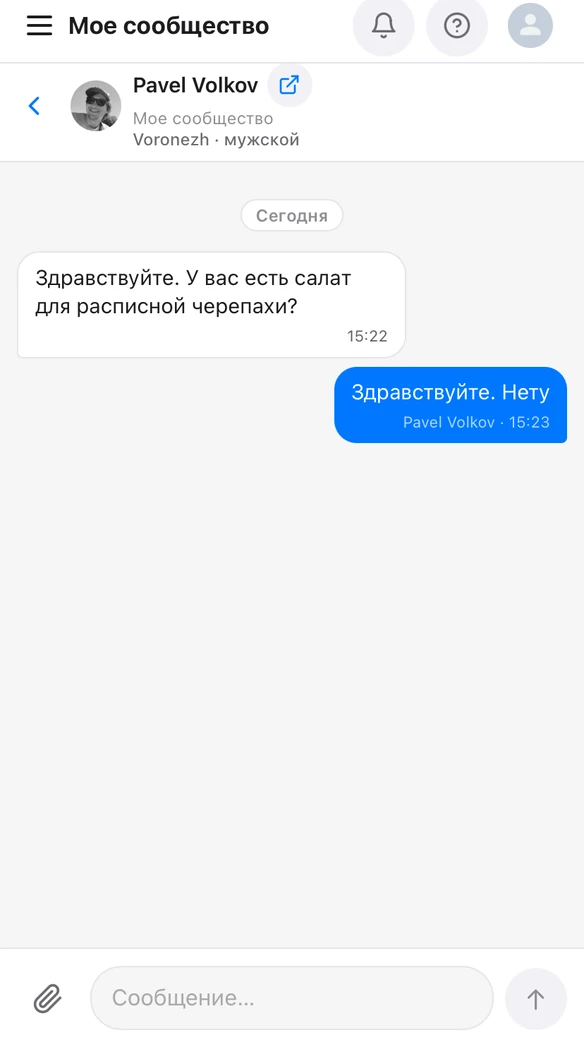 Диалог в Маяке на демо-данных: вопрос подписчика и ответ, отправленный от имени сообщества